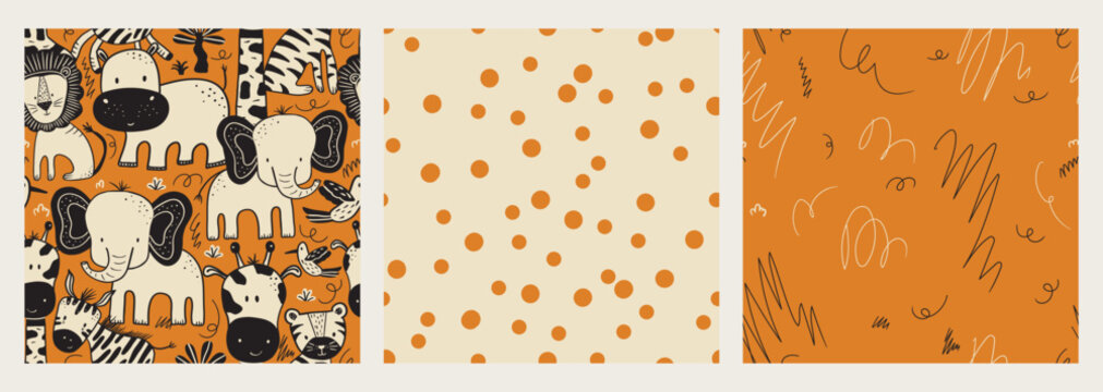 Hand-Drawn Savanna Animal Seamless Pattern Set