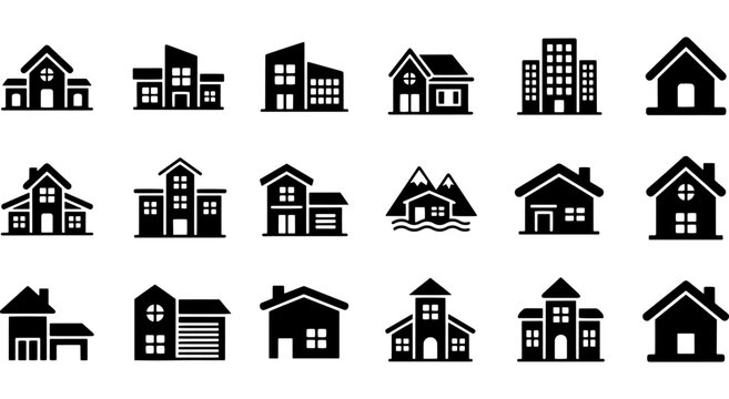 Diverse collection of stylized black and white house icons with varying architectural designs Vector