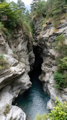 Obraz premium Visitors can see the entrance to a slot canyon with rocks and boulders below while light streams through the opening above