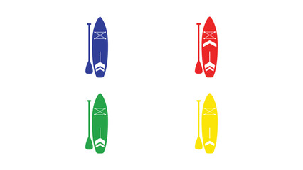 Four colorful surfboards and wakeboards displayed in a grid layout