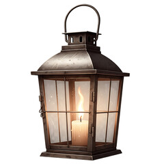 A vintage lantern with a warm glow and intricate metalwork design