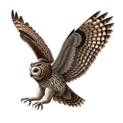 Majestic owl in mid-flight with its wings fully spread out against a white background