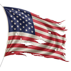 A tattered and torn american flag waving in the wind on a clear day.