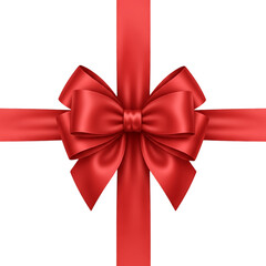 A vibrant red ribbon tied in a decorative bow on a white background