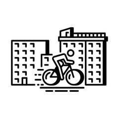Cyclist in city environment icon representing urban cycling and eco transportation