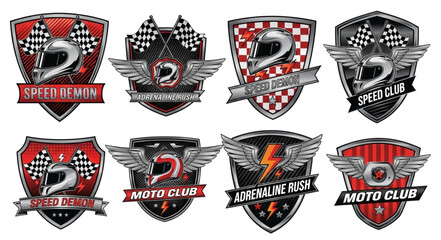 Motorcycle club emblems featuring helmets, wings, checkered flags, and banners, perfect for branding. © Anis