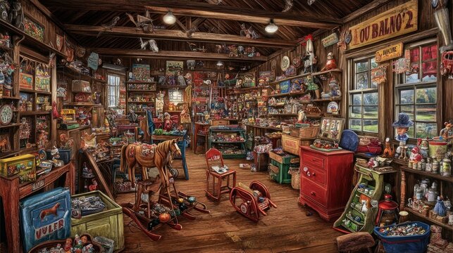 Nostalgic Old General Store Painting: A Whimsical Treasure Trove of Vintage Toys and Rustic Curiosities