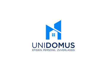 Unidomus logo with house and abstract building design.