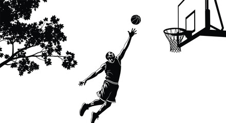 Basketball player jumping to dunk ball into hoop with tree silhouette basketball hoop 1 © MstFerdausi