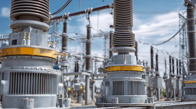 Electrical Substation with Transformers and Towers.