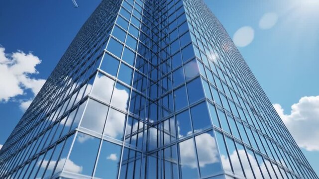 Modern glass skyscraper reflecting the vibrant blue sky and f white clouds on a bright sunny day