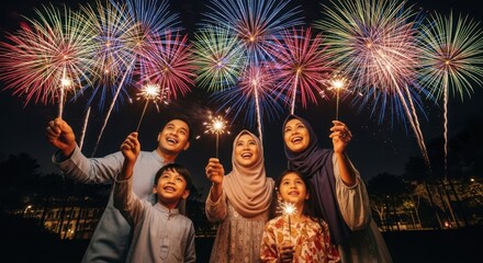 Obraz premium Family enjoys sparklers & fireworks at night, celebrating joyous occasion with happiness