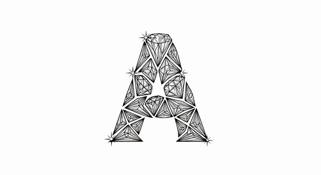 Intricate letter 'A' formed from faceted gemstones on a white background