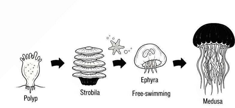 Jellyfish life cycle polyp, strobila, ephyra, medusa stages