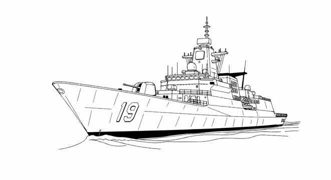 Line drawing of a modern warship, numbered 19, sailing on water
