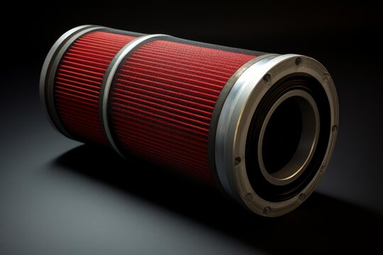 Cylindrical air filter with red filter element and metal housing lying on a dark gray surface