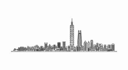 Obraz premium Simple line drawing of a modern city skyline with a prominent tall tower