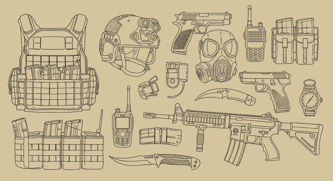 Tactical Gear Collection Military Equipment Assault Rifle Pistol Gas Mask Body Armor Combat Knife and Radio Communication Devices