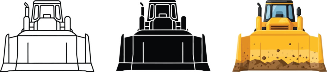 Set of bulldozer icons including line art silhouette and full color vector illustrations for construction and heavy machinery concepts © Ahmad
