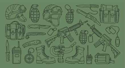 Obraz premium Collection of military equipment and tactical gear including helmets grenades rifles boots and communication devices on a green background