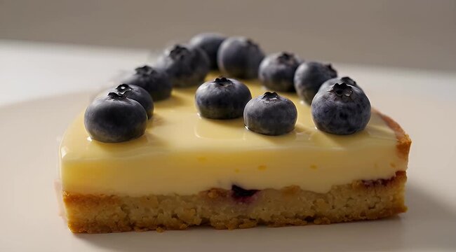 Elegant blueberry tart with creamy filling and golden crust on white surface