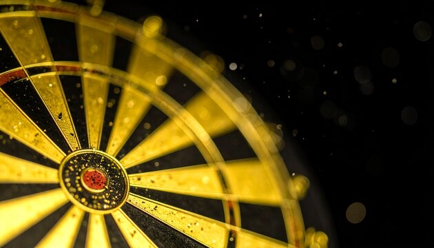 An artistic close-up reveals a dartboard, the embodiment of strategic focus, against a dark backdrop, and golden accents highlighting the challenge of aim.