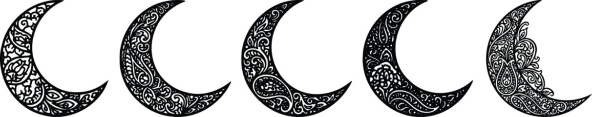 Moon Phases Illustration Set, Crescent Lunar Cycle Collection, Night Sky Astronomy Icons, Black And White, Lunar Phase Icons, Crescent To Full Moon Cycle, Astrology And Space Symbol Set. © Hkpixel