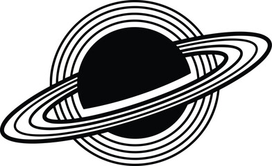 Stylized black and white Saturn planet illustration with concentric elliptical rings, abstract astronomy design, space exploration, cosmic science symbol © Sagor Creatives