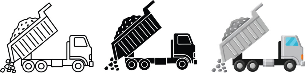 Vector illustration of dump trucks in outline solid and colored styles depicting material being unloaded for construction transportation and heavy equipment designs © Ahmad
