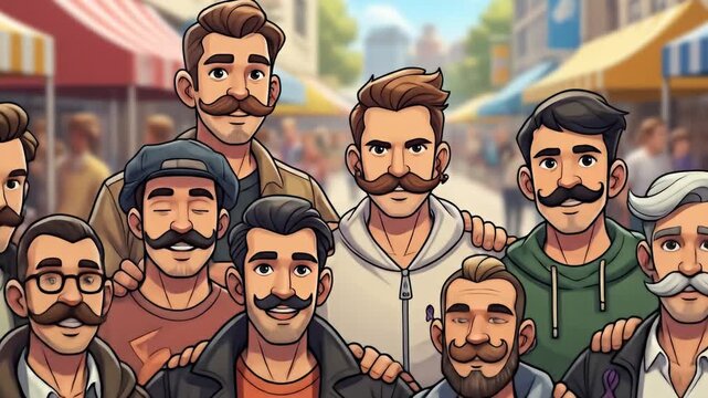 A group of men with mustaches standing together at an outdoor market, cartoon style.