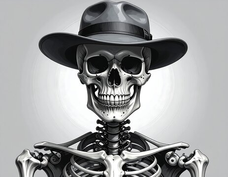 Black and white illustration of a skeleton wearing a fedora. The grinning skull and ribcage are prominent
