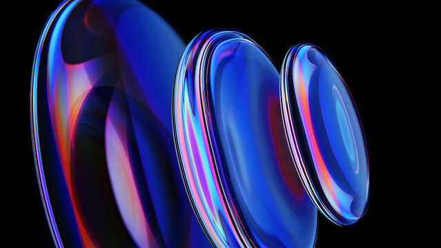 Elegant and precise iridescent glass shapes on black background