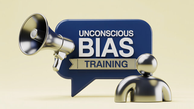 3D speech bubble megaphone text "Unconscious Bias Training" silver person icon corporate DEI concept
