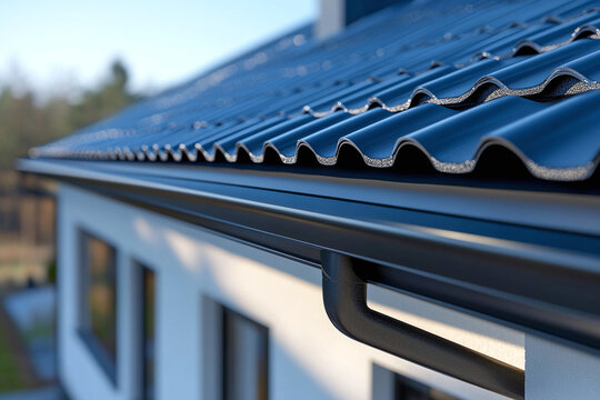 Close-up of a seamless aluminum gutter fixed along a modern roof edge. Home drainage and exterior construction concept.
