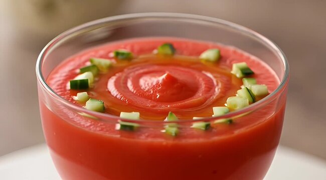 Refreshing summer gazpacho soup in a glass bowl, garnished with cucumbers