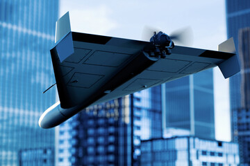 sleek matte-black delta-wing drone maneuvers through a dense urban skyline. The focus on its rear...