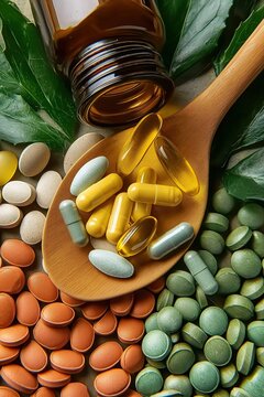 Wooden spoon with multivitamin capsules and multicolored pills on the table, surrounded by green leaves and supplement bottles
