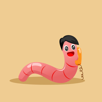 A funny cartoon worm vector illustration featuring a vintage animal design on a vibrant red background with fun artistic elements for a child card or icon