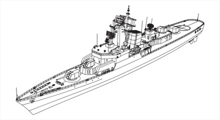 Warship Blueprint – Naval Military Vessel CAD Technical Drawing and Wireframe Model © RNB DESIGN