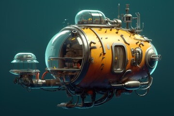 Naklejka premium Yellow retrofuturistic submarine floating in a dark blue underwater environment