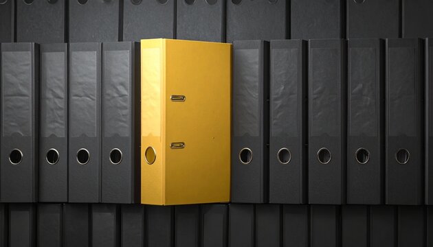A solitary golden binder stands out amidst a collection of black binders, symbolizing uniqueness, organization, and the value of individual records in a business environment.