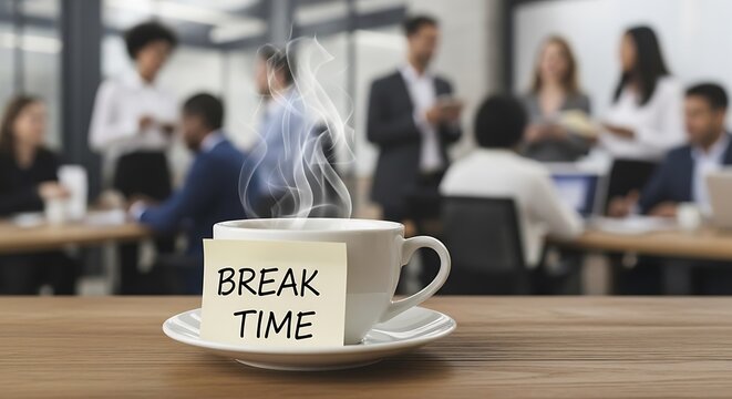 Coffee cup with break time message in office setting with blurred people