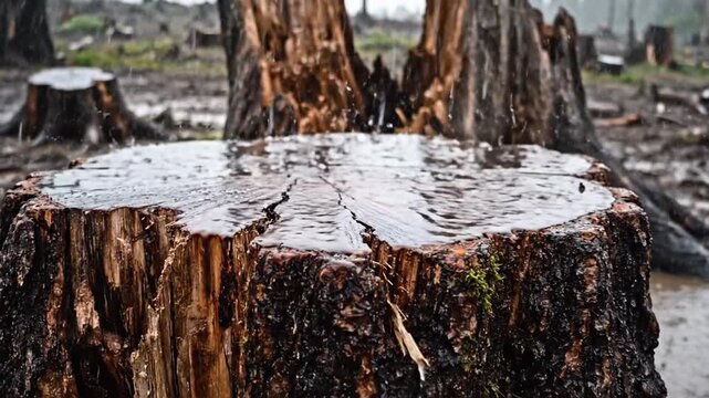Rain falls on a landscape of freshly cut tree stumps, highlighting the devastating impact