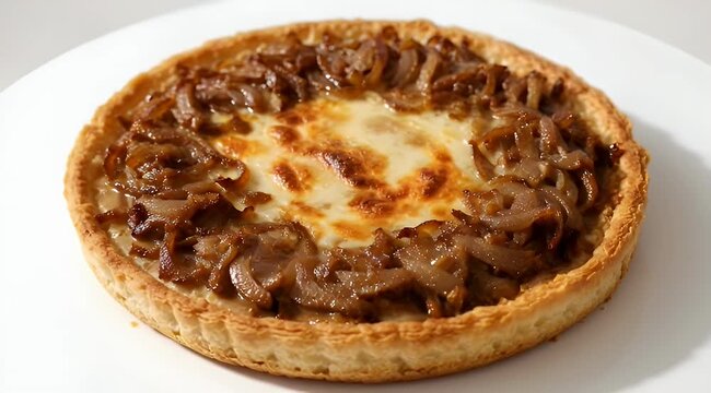 Delicious savory caramelized onion tart with melted cheese on white plate