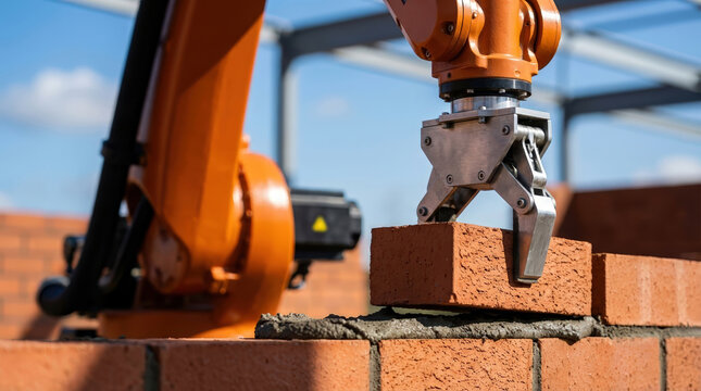 Robotic arm placing a brick on a wall at a construction site. Automation and future of building technology for urban development.