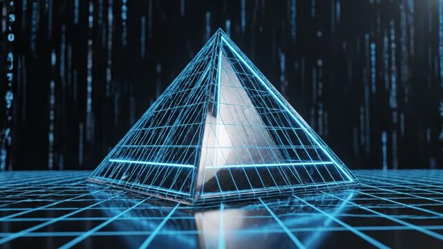 A glowing blue wireframe pyramid sits on a reflective grid surface in a futuristic digital