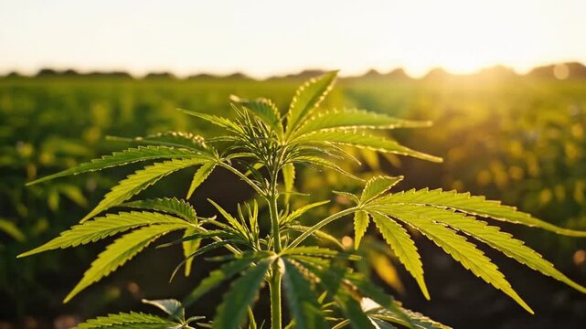 Young cbis plant thriving in a sun-drenched agricultural field at sunset