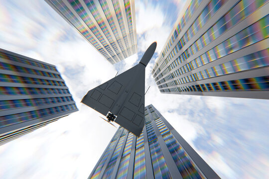 military UAV shaped like a Shahed drone over a generic city.  atmosphere of war, air raids, and tactical drone deployment. War in the city, concept. Modern building and drone in air attack