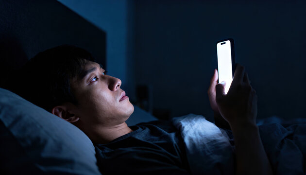 Man lying in bed at night scrolling smartphone with bright screen lighting face, sleepless and focused