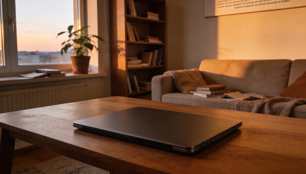 Closed laptop on wooden table in cozy living room with warm sunset light and relaxed atmosphere